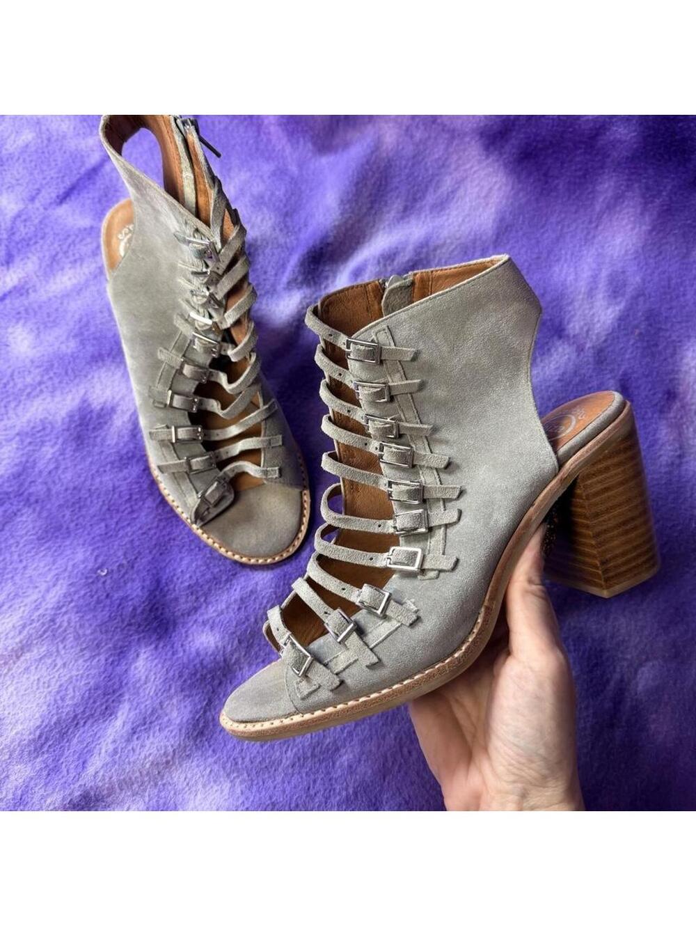 Jeffrey Campbell Ibiza Last leather buckle taupe grey suede heels